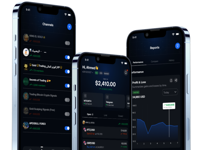 Tragram iPhone app screens showing channels, the account dashboard, and reports